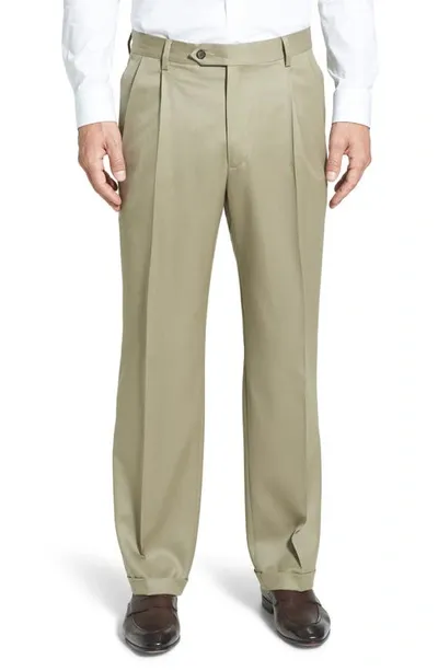 Berle Pleated Classic Fit Wool Gabardine Dress Pants In Tan