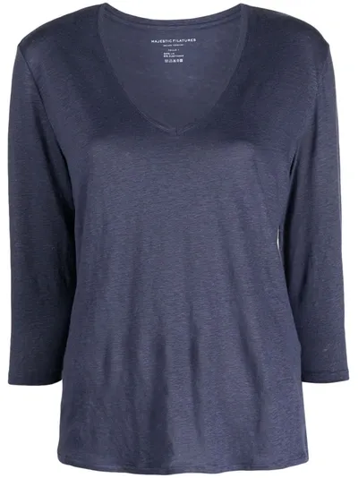 Majestic Filatures V-neck Linen Blend Sweater In Blue