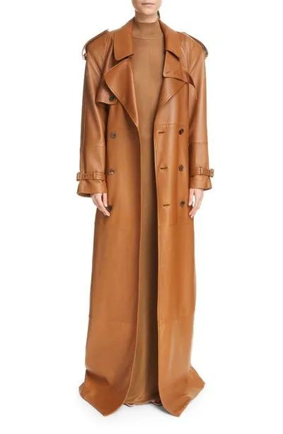 Saint Laurent Classic Plunge Long Leather Trench Coat In Brown