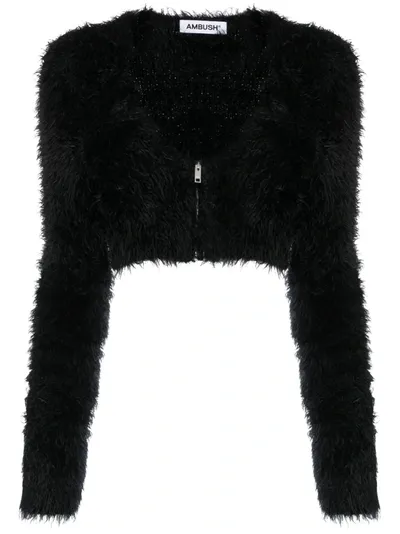 Ambush Faux-fur Crop Zipped Cardigan In Black