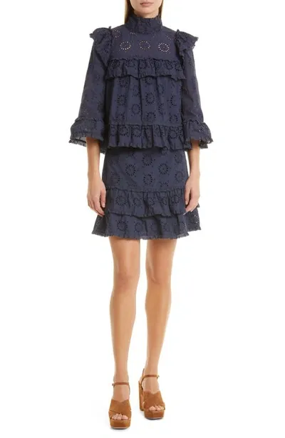 Stellah Eyelet Trimmed Bell-sleeve Blouse In Blue