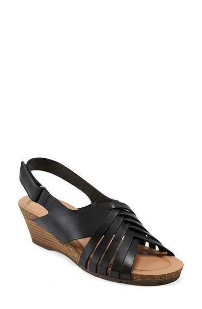 Earth Hartie Slingback Wedge Sandal In Black Leather