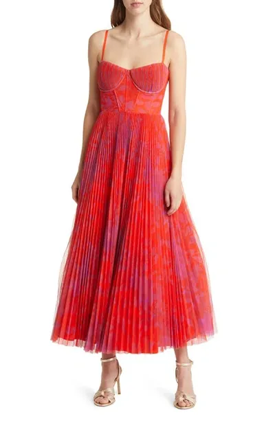 Hutch Amara Floral Bustier Pleated Fit & Flare Dress In Orange