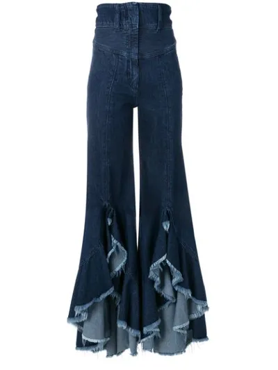 Sara Battaglia High-waist Frayed Flared-leg Denim Pants In Blue