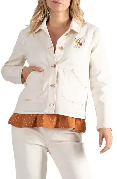 Cache Coeur Romy Floral Embroidered Maternity/nursing Denim Jacket In Beige