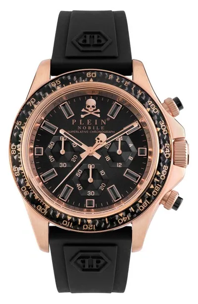 Philipp Plein Men's Chronograph Nobile Racing Black Silicone Strap Watch 43mm In Ip Rose Gold