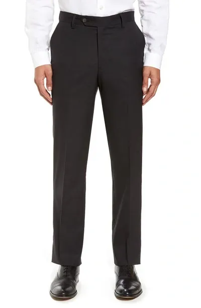 Berle Flat Front Stretch Solid Wool Trousers In Charcoal