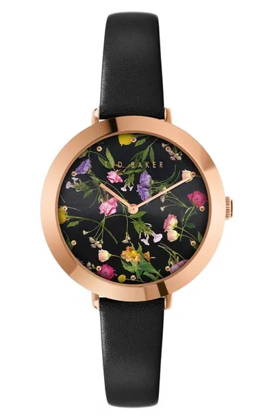 Ted Baker London Ammy Floral Leather Strap Watch, 34mm In Black