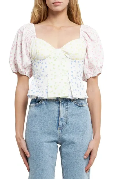 English Factory Floral Patchwork Puff Sleeve Crop Top In Multi