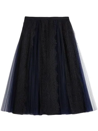 Burberry Lace Panel Pleated Tulle Skirt In Blue