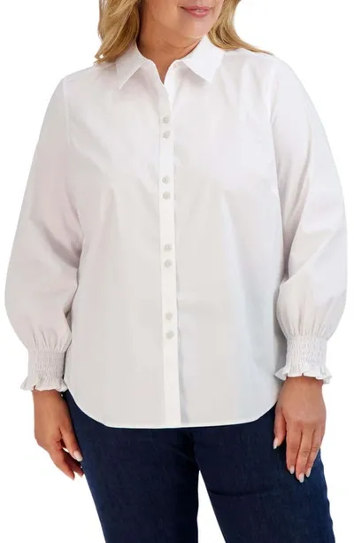 Foxcroft Olivia Smocked Cuff Cotton Blend Button-up Shirt In White