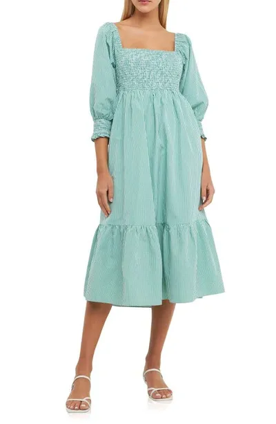 English Factory Smocked Gingham Print Midi Dress In Green