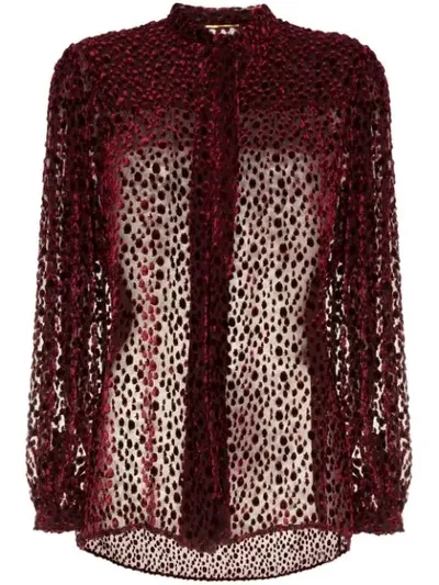 Saint Laurent Tie-neck Long-sleeve Velvet Burnout Blouse In Red