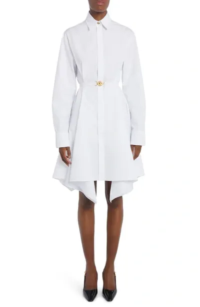 Versace Belted Long Sleeve Handkerchief Hem Cotton Shirtdress In Bianco