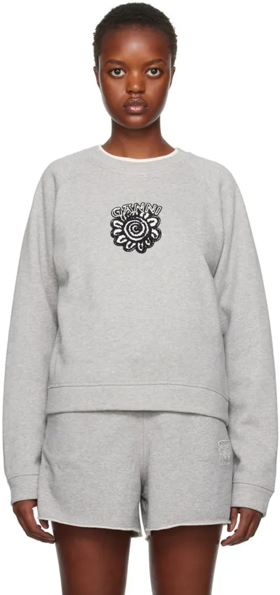 Ganni Long Sleeve Grey Isoli Raglan Solid Sweatshirt In Paloma Melange