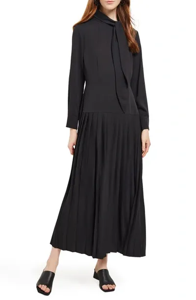 Misook Tie Neck Long Sleeve Pleated Maxi Dress In Black