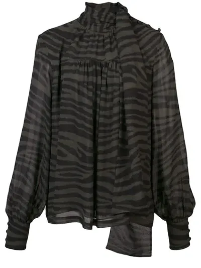 Proenza Schouler Tie-neck Long-sleeve Tiger-print Chiffon Blouse, Dark Green In Dark Green Black Tiger