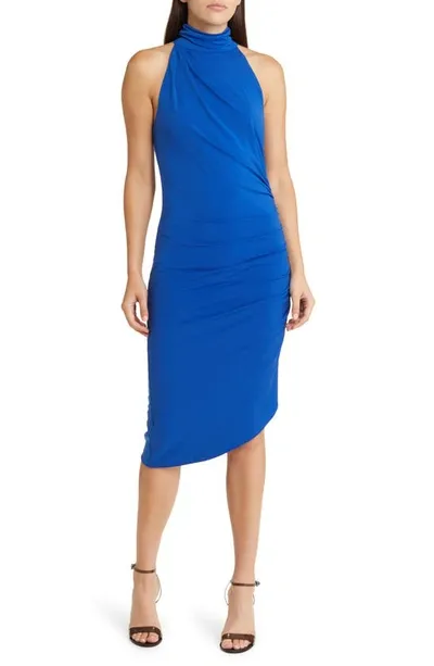 Jewel Badgley Mischka Ruched Halter Neck Asymmetric Hem Cocktail Dress In Cobalt