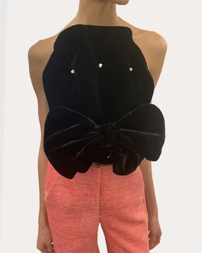 Hellessy Louis Beaded Bow-front Velvet Strapless Crop Bustier Top In Black