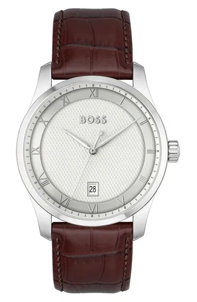 Hugo Boss Men Principle Quartz Basic Calendar Brown Leather Watch 41mm