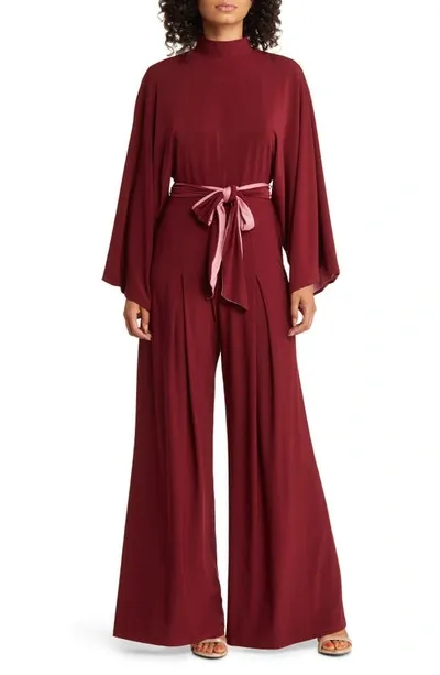 Jewel Badgley Mischka Mock Neck Tie Belt Jumpsuit In Burgundy