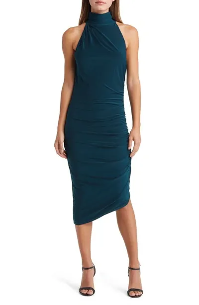 Jewel Badgley Mischka Ruched Halter Neck Asymmetric Hem Cocktail Dress In Dark Green