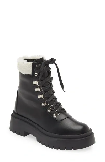 Billini Ferria Combat Boot With Faux Shearling Trim In Black-cream Shearling