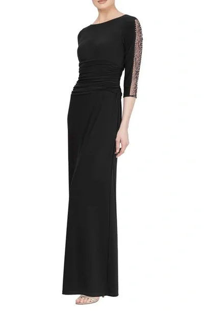 Sl Fashions Beaded Sleeve Ruched Gown In Black