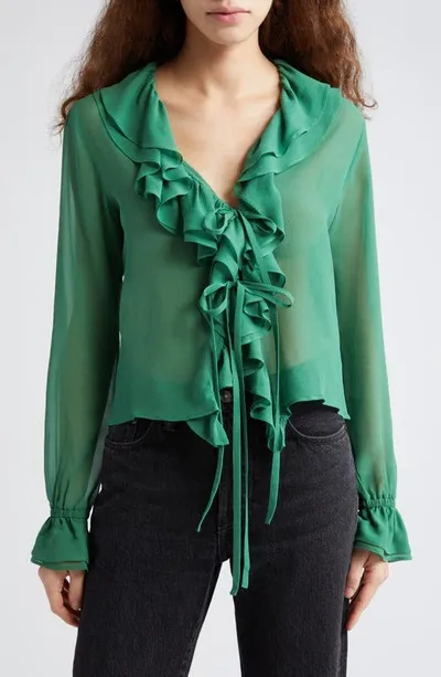 Bode Flounce Ruffle Long Sleeve Silk Top In Green