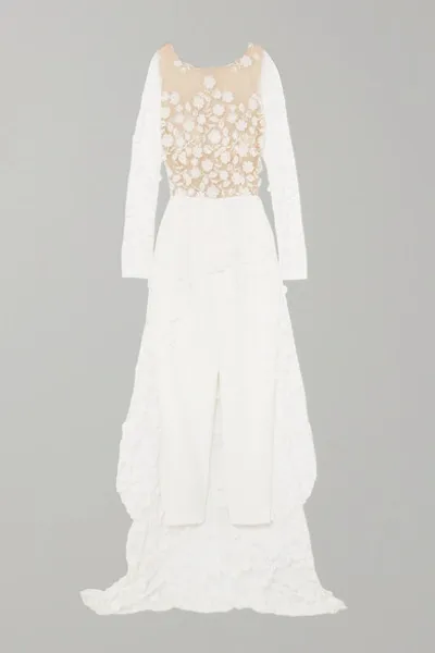 Rime Arodaky Patsy Lace-trimmed Embroidered Tulle And Crepe Jumpsuit In White