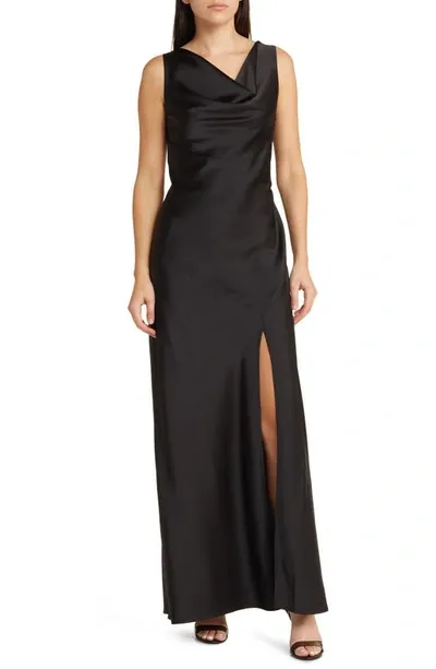 Wayf The Lea Cowl Neck Satin Gown In Black