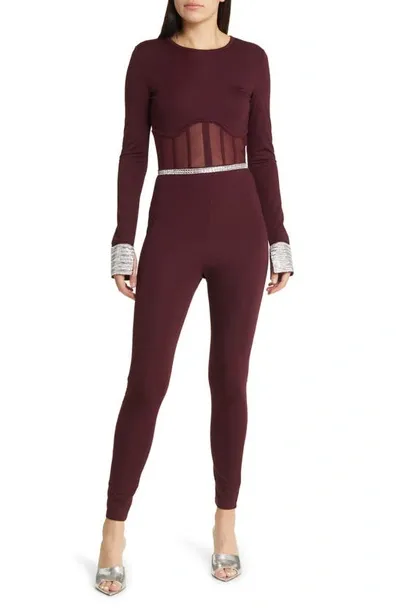 Bebe Rhinestone Mesh Jumpsuit In Burgundy