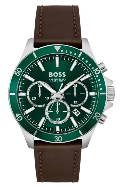 Hugo Boss Troper Chronograph Leather Strap Watch, 45mm In Green/brown