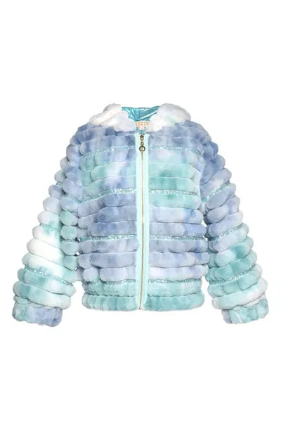 Truly Me Kids' Tie Dye Quilted Faux Fur Hooded Jacket In Aqua Multi