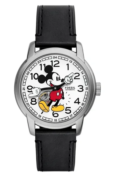 Fossil X Disney Classic Disney Mickey Mouse Leather Strap Watch In Black