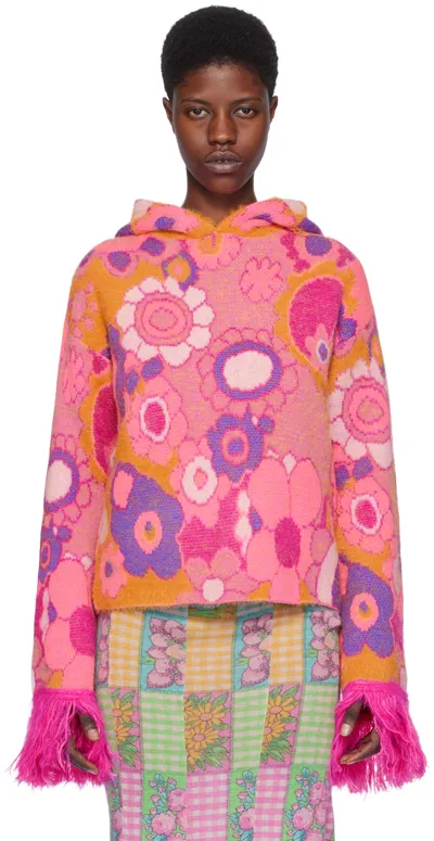 Erl Patterned-intarsia Extra-long Sleeve Hoodie In Pink