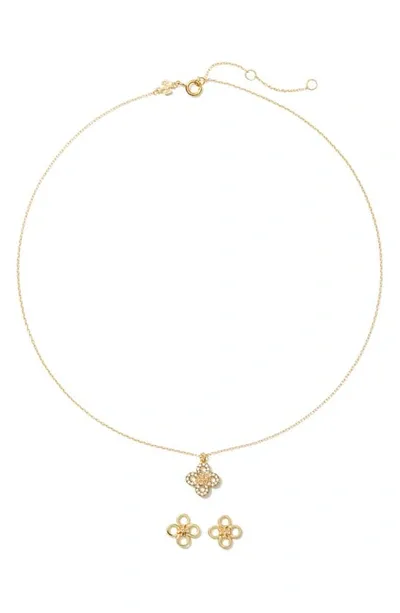 Tory Burch Kira Clover Pendant Necklace & Stud Earrings Set In Gold