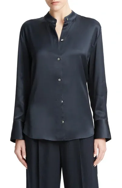 Vince Band Collar Satin Button-up Shirt In Blue