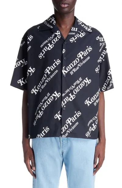 Kenzo Verdy Logo Cotton Camp Shirt In Black