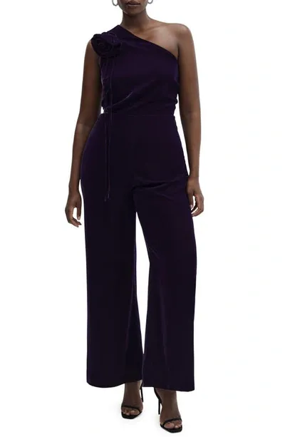 Mango Rosette Cutout One-shoulder Velvet Jumpsuit In Purple