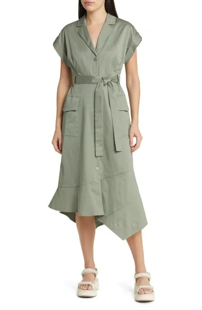 Du Paradis Tie Waist Asymmetric Hem Shirtdress In Sea Green