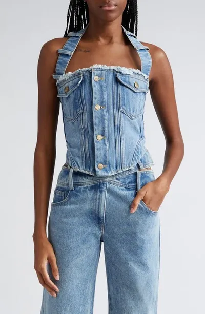 Monse Deconstructed Halter Denim Bustier Top In Indigo