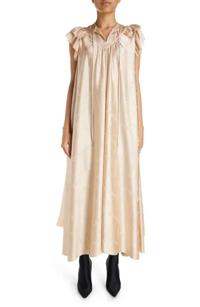 Balenciaga Flutter Sleeve Jacquard Logo Silk Oversize Dress In Champagne Beige