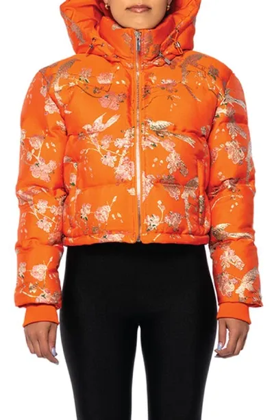 Azalea Wang Brocade Print Crop Puffer Jacket With Removable Hood In Orange