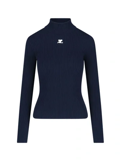 Courrèges Logo Turtleneck Sweater In Blue