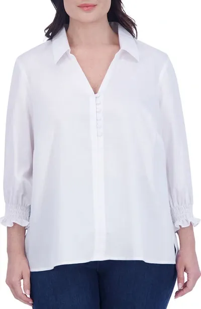 Foxcroft Alexis Smocked Cuff Sateen Popover Top In White