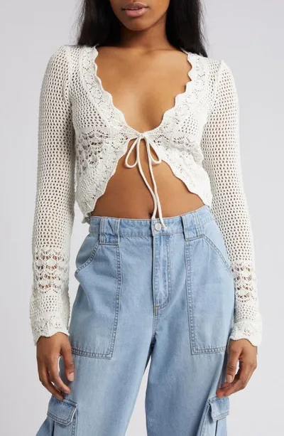 Bdg Urban Outfitters Open Stitch Tie Front Crop Cardigan In Ecru