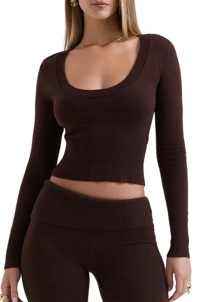 House Of Cb Raquel Scoop Neck Crop Sweater In Chocolate