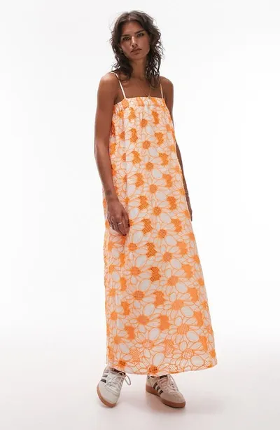 Topshop Floral Embroidered Swing Sundress In Orange