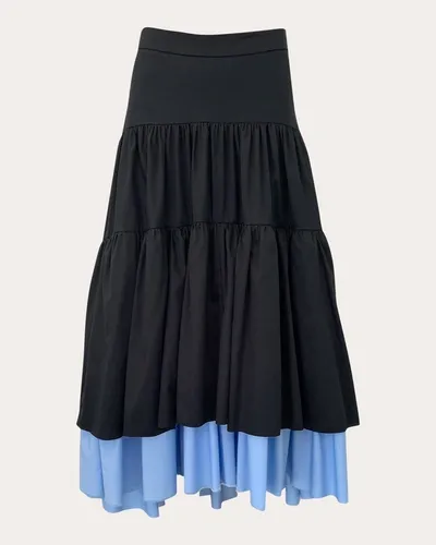 Hellessy Alyssa Tiered Satin Cotton High-low Skirt In Black/shadow Blue